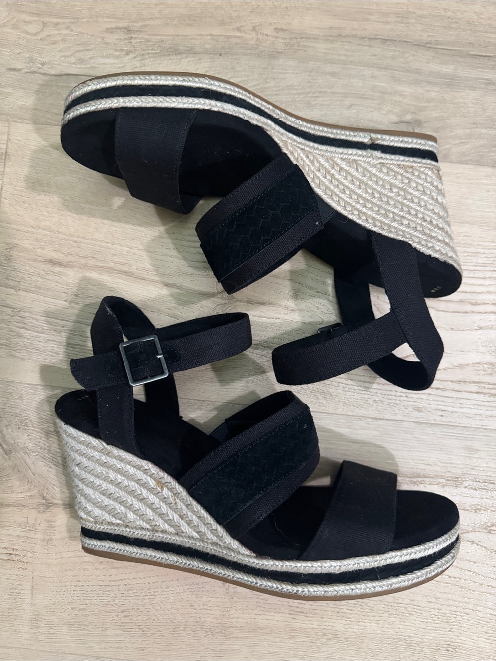 Toms Black Three-Strap Ankle Buckle Sandals